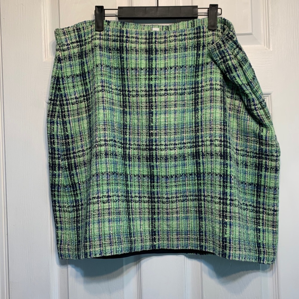 J. Jill Pencil Skirt 2X Green Plaid Tweed Lined Side Zip Preppy Office Academic